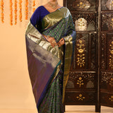 Blue And Green Checked Butti Kanjivaram Silk Saree