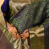 Blue And Green Checked Butti Kanjivaram Silk Saree
