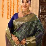 Blue And Green Checked Butti Kanjivaram Silk Saree