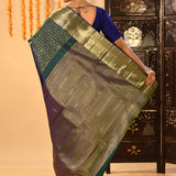 Blue And Green Checked Butti Kanjivaram Silk Saree