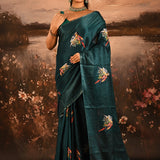 Deep Teal Checkered With Scattered Parrot Motif Designer Saree