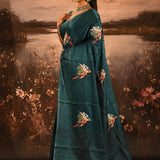 Deep Teal Checkered With Scattered Parrot Motif Designer Saree