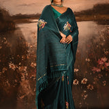 Deep Teal Checkered With Scattered Parrot Motif Designer Saree