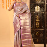 Lavender Diagonal Stripes Butti Kanjivaram Silk Saree