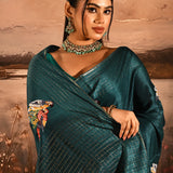 Deep Teal Checkered With Scattered Parrot Motif Designer Saree