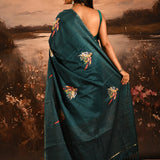 Deep Teal Checkered With Scattered Parrot Motif Designer Saree