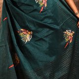 Deep Teal Checkered With Scattered Parrot Motif Designer Saree