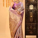 Lavender Diagonal Stripes Butti Kanjivaram Silk Saree