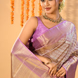 Lavender Diagonal Stripes Butti Kanjivaram Silk Saree