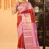 Red With Gold Zari Checked And Lavender Stripes Kanjivaram Silk Saree