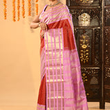 Red With Gold Zari Checked And Lavender Stripes Kanjivaram Silk Saree