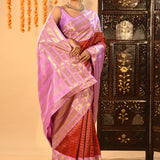 Red With Gold Zari Checked And Lavender Stripes Kanjivaram Silk Saree