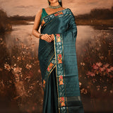 Peacock Teal Dotted Weave With Floral Leaf Border Designer Saree