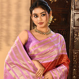Red With Gold Zari Checked And Lavender Stripes Kanjivaram Silk Saree