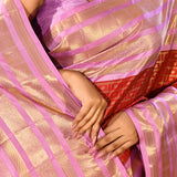 Red With Gold Zari Checked And Lavender Stripes Kanjivaram Silk Saree