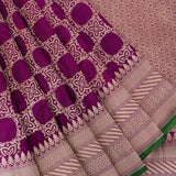 Magenta Banarasi Silk Saree With Gold Trellis Weave & Green Piping Border