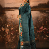 Peacock Teal Dotted Weave With Floral Leaf Border Designer Saree