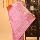 Red With Gold Zari Checked And Lavender Stripes Kanjivaram Silk Saree