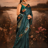 Peacock Teal Dotted Weave With Floral Leaf Border Designer Saree