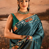 Peacock Teal Dotted Weave With Floral Leaf Border Designer Saree