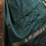 Peacock Teal Dotted Weave With Floral Leaf Border Designer Saree