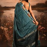 Peacock Teal Dotted Weave With Floral Leaf Border Designer Saree