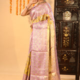 Golden Marigold And Lavender Floral Meenakari Tissue Kanjivaram Saree