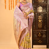 Golden Marigold And Lavender Floral Meenakari Tissue Kanjivaram Saree