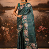 Deep Teal Checkered With Multicolor Floral Motif Border Designer Saree