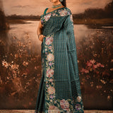 Deep Teal Checkered With Multicolor Floral Motif Border Designer Saree