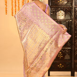 Golden Marigold And Lavender Floral Meenakari Tissue Kanjivaram Saree
