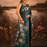 Deep Teal Checkered With Multicolor Floral Motif Border Designer Saree