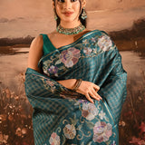 Deep Teal Checkered With Multicolor Floral Motif Border Designer Saree