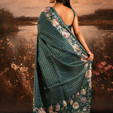 Deep Teal Checkered With Multicolor Floral Motif Border Designer Saree