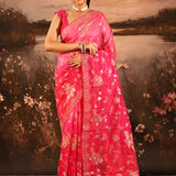 Deep Pink With Golden Floral Print Georgette Saree