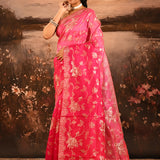Deep Pink With Golden Floral Print Georgette Saree