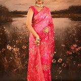 Deep Pink With Golden Floral Print Georgette Saree