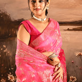 Deep Pink With Golden Floral Print Georgette Saree