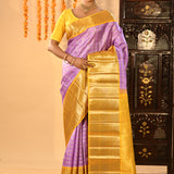 Yellow & Lavender Checked Kanjivaram Silk Saree