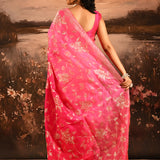 Deep Pink With Golden Floral Print Georgette Saree
