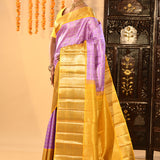 Yellow & Lavender Checked Kanjivaram Silk Saree