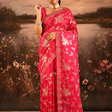 Rani Pink With Golden Floral Print Georgette Saree