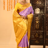 Yellow & Lavender Checked Kanjivaram Silk Saree