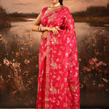 Rani Pink With Golden Floral Print Georgette Saree