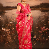 Rani Pink With Golden Floral Print Georgette Saree