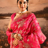 Rani Pink With Golden Floral Print Georgette Saree