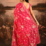 Rani Pink With Golden Floral Print Georgette Saree