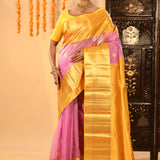 Pink And Yellow Silk Blend Kanjivaram Saree