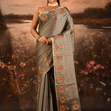 Grey With Checks And Embroidered Pallu Designer Saree
