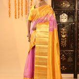 Pink And Yellow Silk Blend Kanjivaram Saree